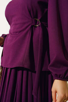Bel Bağlamalı Eteği Pliseli İkili Takım Mor - İKİLİ TAKIM
