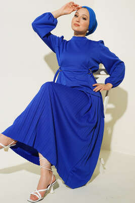 Bel Bağlamalı Eteği Pliseli İkili Takım Saks 