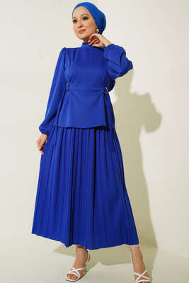 Bel Bağlamalı Eteği Pliseli İkili Takım Saks - İKİLİ TAKIM