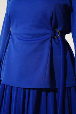 Bel Bağlamalı Eteği Pliseli İkili Takım Saks - İKİLİ TAKIM