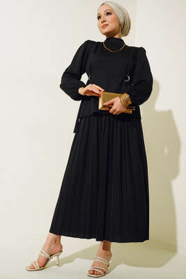 Bel Bağlamalı Eteği Pliseli İkili Takım Siyah - TEGOE
