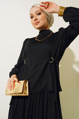 Bel Bağlamalı Eteği Pliseli İkili Takım Siyah - İKİLİ TAKIM