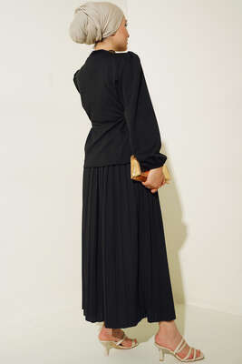 Bel Bağlamalı Eteği Pliseli İkili Takım Siyah - İKİLİ TAKIM