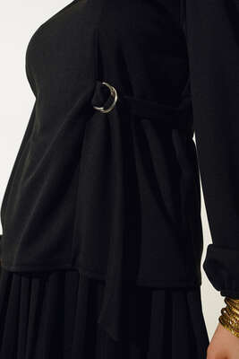 Bel Bağlamalı Eteği Pliseli İkili Takım Siyah - İKİLİ TAKIM