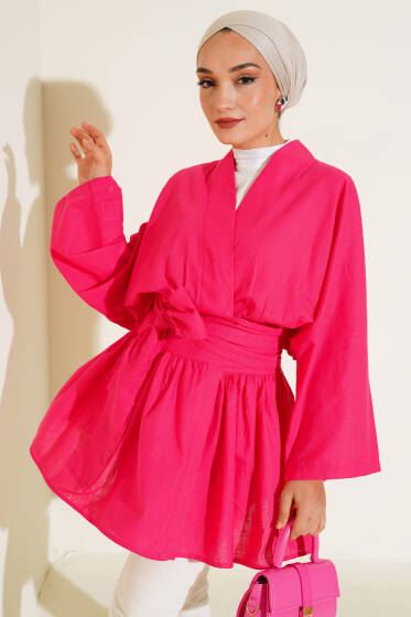 Bel Bağlamalı Keten Kimono Fusya - Dış Giyim&Mont