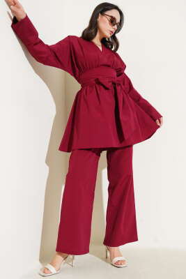 Bel Bağlamalı Kimono İkili Takım Bordo 