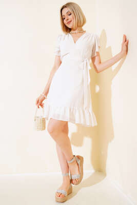 Bel Bağlamalı Kısa Kol Elbise Ekru - Kadın Giyim Modelleri