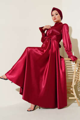 Bel Bağlamalı Kol Pileli Elbise Bordo - ALGI