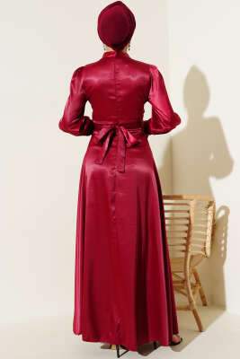 Bel Bağlamalı Kol Pileli Elbise Bordo - Tesettür Elbise