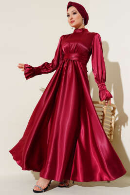 Bel Bağlamalı Kol Pileli Elbise Bordo - Tesettür Elbise