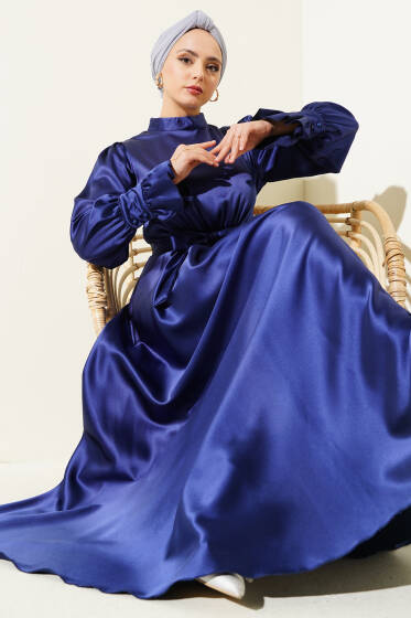 Bel Bağlamalı Kol Pileli Elbise Lacivert - Elbise