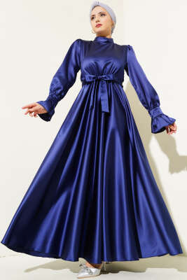 Bel Bağlamalı Kol Pileli Elbise Lacivert - Tesettür Elbise