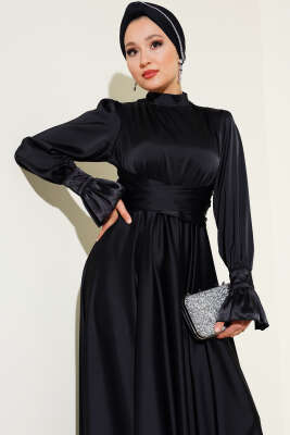 Bel Bağlamalı Kol Pileli Elbise Siyah - Tesettür Elbise