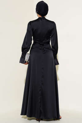 Bel Bağlamalı Kol Pileli Elbise Siyah - Tesettür Elbise
