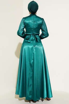 Bel Bağlamalı Kol Pileli Elbise Zümrüt - Tesettür Elbise