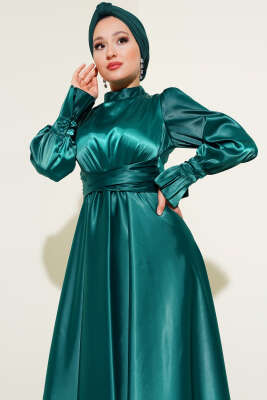Bel Bağlamalı Kol Pileli Elbise Zümrüt - Tesettür Elbise