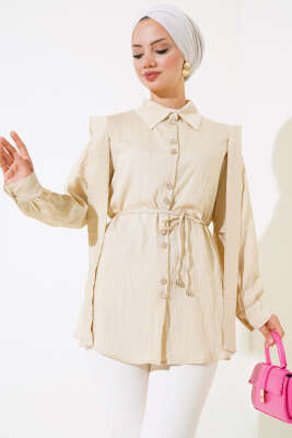 Bel Bağlamalı Omuz Pelerinli Gömlek Bej 