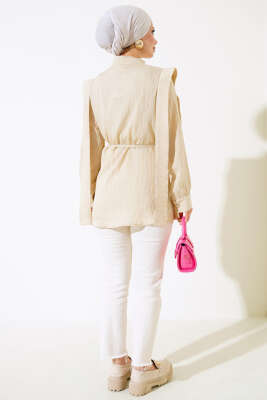 Bel Bağlamalı Omuz Pelerinli Gömlek Bej - Gömlek