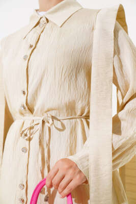 Bel Bağlamalı Omuz Pelerinli Gömlek Bej - Gömlek