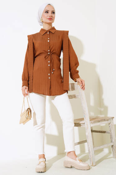 Bel Bağlamalı Omuz Pelerinli Gömlek Kestane - Gömlek