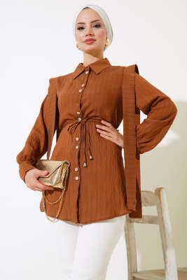 Bel Bağlamalı Omuz Pelerinli Gömlek Kestane - Gömlek