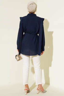 Bel Bağlamalı Omuz Pelerinli Gömlek Lacivert - Gömlek