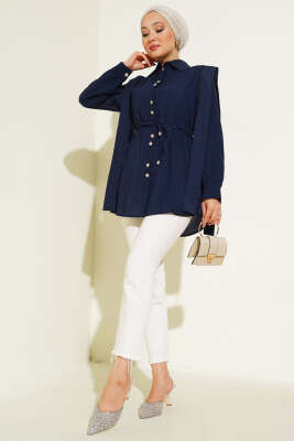 Bel Bağlamalı Omuz Pelerinli Gömlek Lacivert - Gömlek