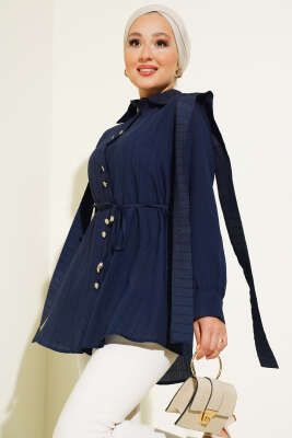 Bel Bağlamalı Omuz Pelerinli Gömlek Lacivert 