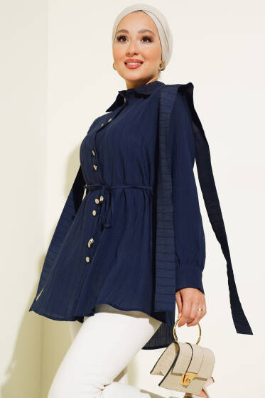 Bel Bağlamalı Omuz Pelerinli Gömlek Lacivert - Gömlek