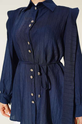 Bel Bağlamalı Omuz Pelerinli Gömlek Lacivert - Gömlek