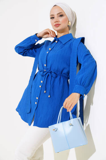 Bel Bağlamalı Omuz Pelerinli Gömlek Saks - Gömlek