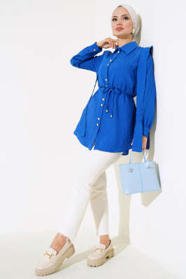Bel Bağlamalı Omuz Pelerinli Gömlek Saks - Gömlek