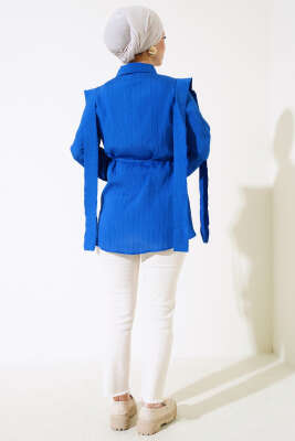 Bel Bağlamalı Omuz Pelerinli Gömlek Saks - Gömlek