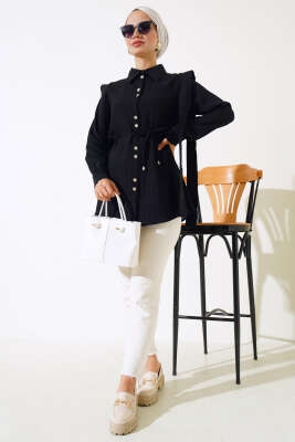 Bel Bağlamalı Omuz Pelerinli Gömlek Siyah - Gömlek