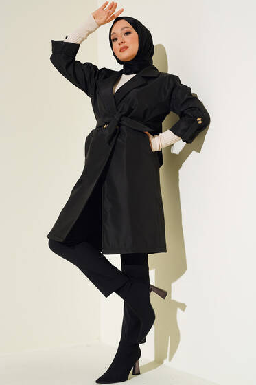 Bel Bağlamalı Trençkot Siyah - Trençkot Kadın