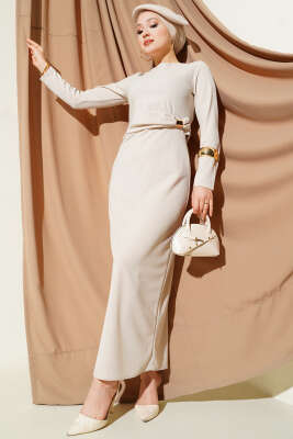 Bel Büzgü Detaylı Abiye Elbise Bej - CNR TEKSTİL