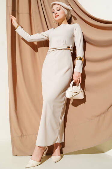 Bel Büzgü Detaylı Abiye Elbise Bej - Elbise