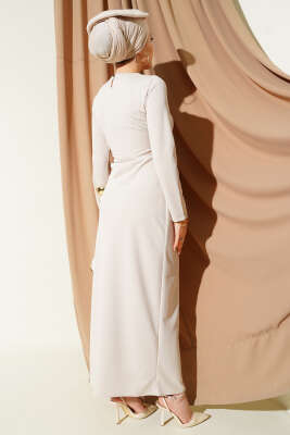 Bel Büzgü Detaylı Abiye Elbise Bej - Elbise