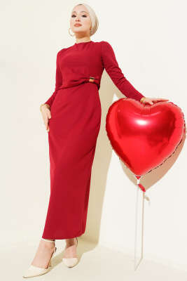 Bel Büzgü Detaylı Abiye Elbise Bordo - CNR TEKSTİL