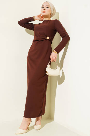 Bel Büzgü Detaylı Abiye Elbise Kahve - Elbise