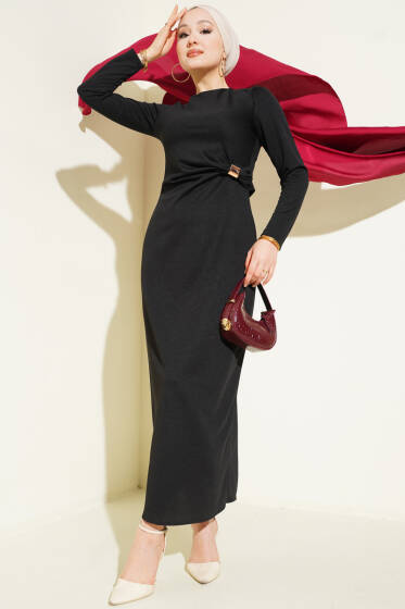 Bel Büzgü Detaylı Abiye Elbise Siyah - Elbise