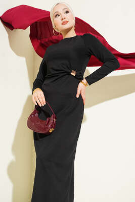 Bel Büzgü Detaylı Abiye Elbise Siyah - Elbise