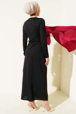 Bel Büzgü Detaylı Abiye Elbise Siyah - Elbise