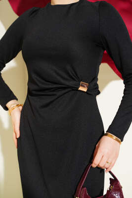 Bel Büzgü Detaylı Abiye Elbise Siyah - Elbise