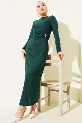 Bel Büzgü Detaylı Abiye Elbise Zümrüt Yeşili - CNR TEKSTİL