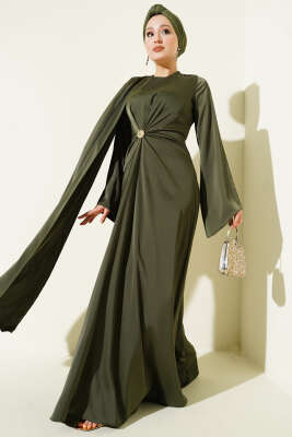 Bel Büzgü Detaylı Saten Abiye Elbise Haki - CNR TEKSTİL