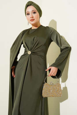 Bel Büzgü Detaylı Saten Abiye Elbise Haki - Elbise
