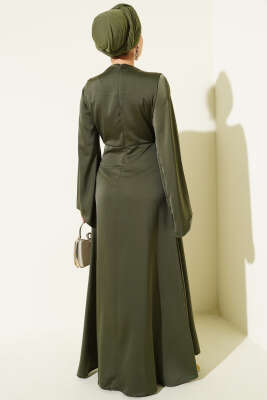 Bel Büzgü Detaylı Saten Abiye Elbise Haki - Elbise