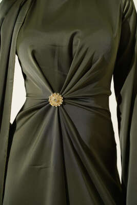 Bel Büzgü Detaylı Saten Abiye Elbise Haki - Elbise
