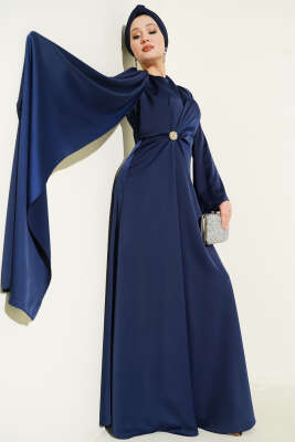 Bel Büzgü Detaylı Saten Abiye Elbise Lacivert - CNR TEKSTİL